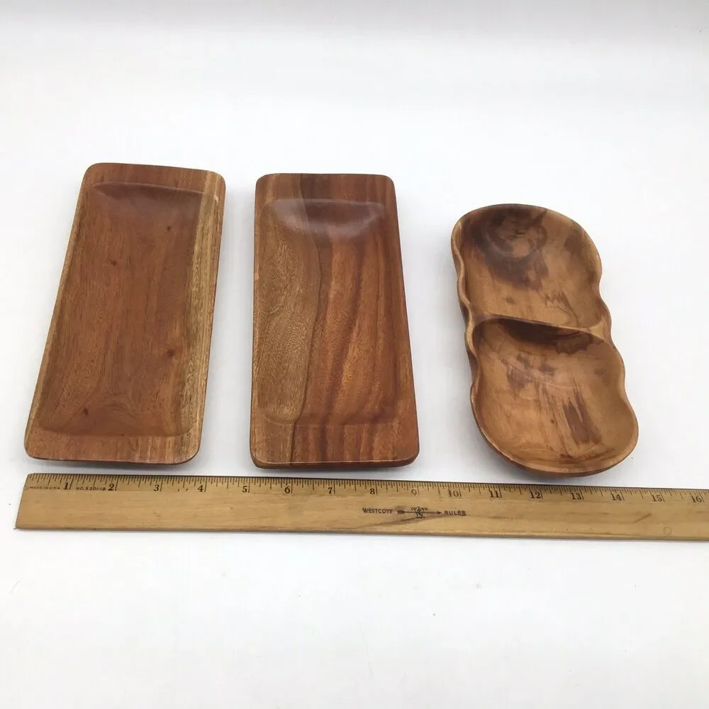 Vtg MCM 3 Hawaiian Kamani Carved Exotic Oblong Wood Bowls Scalloped 9” Divided